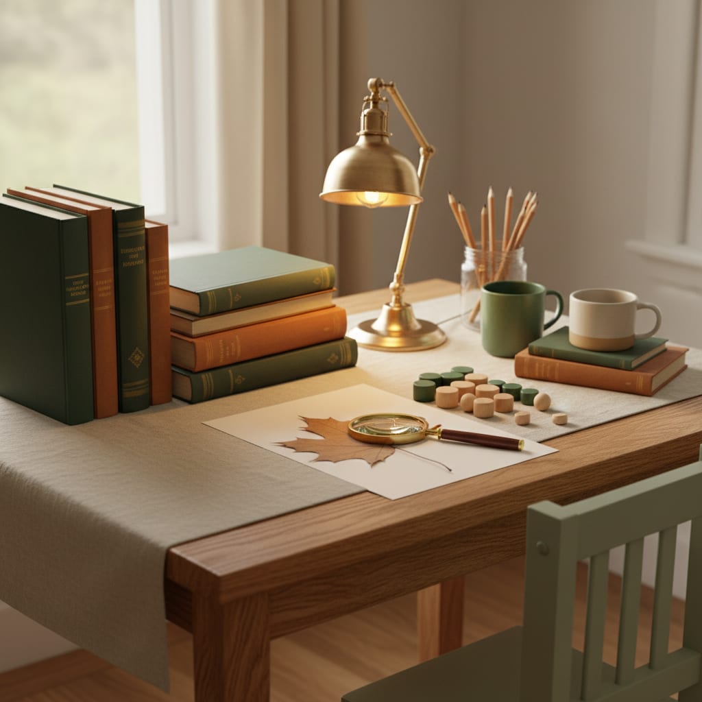 A kitchen table set up for a homeschool morning with stacked books, wooden math counters and a brass lamp